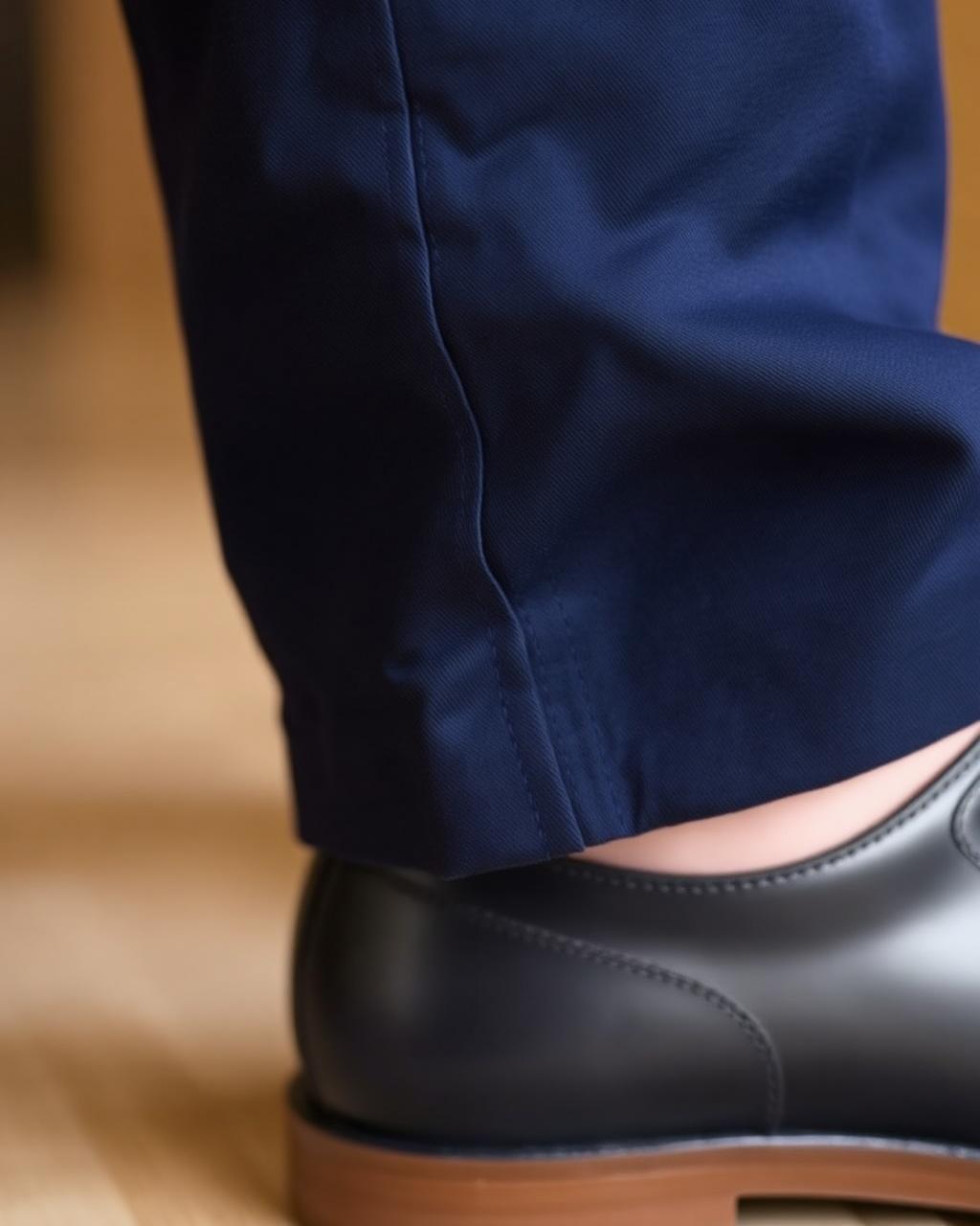 Detail van de extra lange pijplengte over de schoen